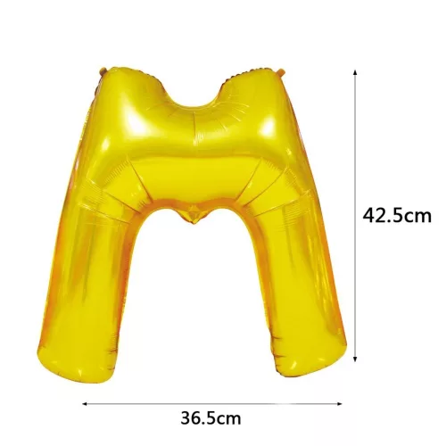 Arany színű, betű alakú fólia lufi, léggömb – M
