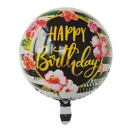 Kör alakú fólia lufi – Happy Birthday virágokkal