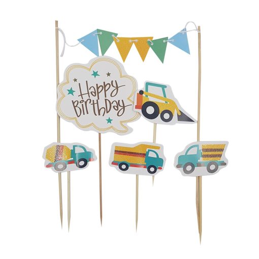 6 darabos torta dekoráció, torta beszúró – Happy Birthday – Munkagépek, autók