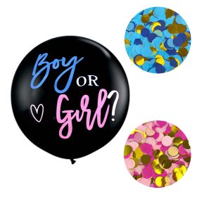   Babaváró lufi - Boy or Girl feliratú fekete lufi konfettivel