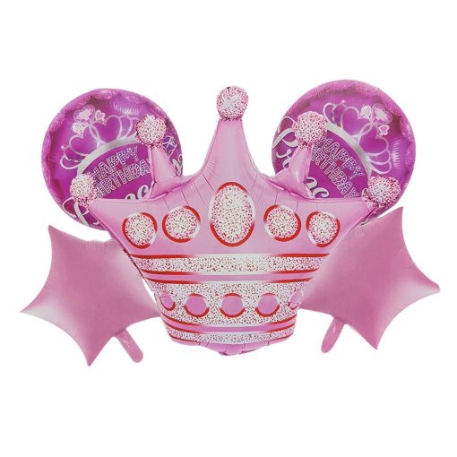 5 darabos fólia lufi szett – Korona, csillagok és kör alakú lufi – Rózsaszín Princess