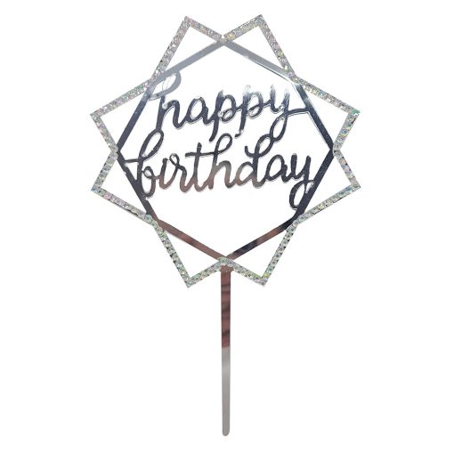 Tortadísz, torta dekoráció - Happy Birthday – Ezüst strassz kövekkel 