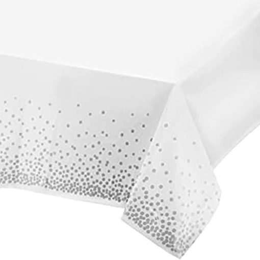 Műanyag asztalterítő – Fehér alapon ezüst pöttyökkel