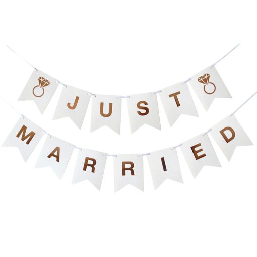 Esküvői banner – Just Married gyűrűkkel