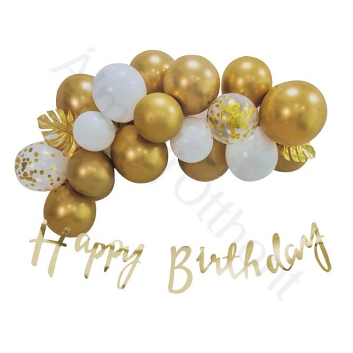 19 darabos lufi szett Happy Birthday felirattal – Arany és fehér