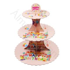   Papír sütemény és muffin állvány – Happy Birthday - Rózsaszín 