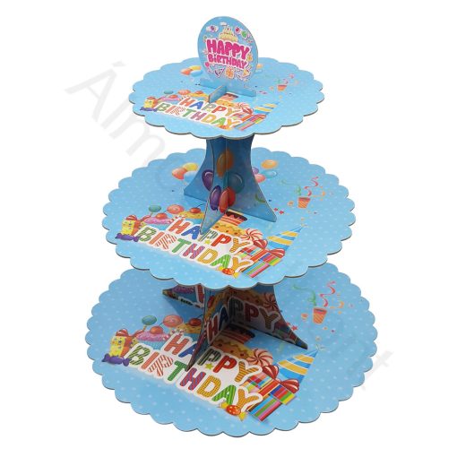 Papír sütemény és muffin állvány – Happy Birthday - Kék 