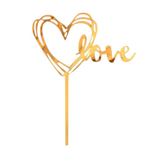 Akril tortadekoráció – Arany szív LOVE felirattal 