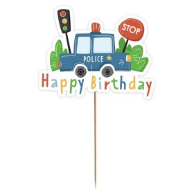   Torta dekoráció, torta beszúró – Rendőrautó – Happy Birthday felirattal