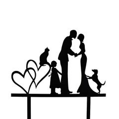  Esküvői tortadísz, tortadekoráció – Nászpár gyerekkel és háziállatokkal 
