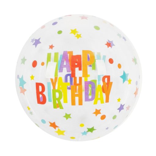 Gömb alakú buborék lufi – 50 cm – Happy Birthday csillagokkal