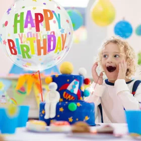   Gömb alakú buborék lufi – 50 cm – Happy Birthday csillagokkal