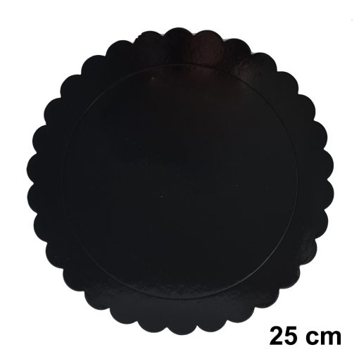 Fekete színű kör alakú fodros karton tortaalátét – 25 cm
