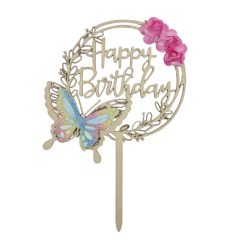   Fa torta dekoráció, torta beszúró – Happy Birthday - Pillangó és virágok