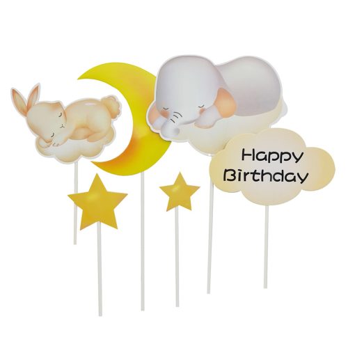 6 darabos torta és sütemény dekoráció – Happy Birthday – Elefánt és nyuszi