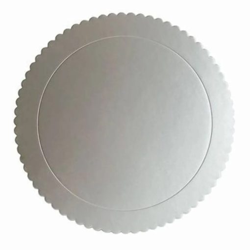 Ezüst színű, kör alakú fodros tortaalátét, tortakarton – 25 cm
