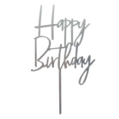   Sziluett tortadekoráció – Happy Birthday felirat – Ezüst