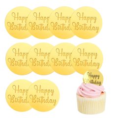 Műanyag sziluett torta dekoráció – Happy Birthday korong – Arany