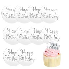   Műanyag sziluett torta dekoráció – Happy Birthday korong – Ezüst (10 darab)