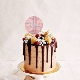   Sziluett tortadekoráció – Happy Birthday felirattal – Disco gömb – Rose Gold