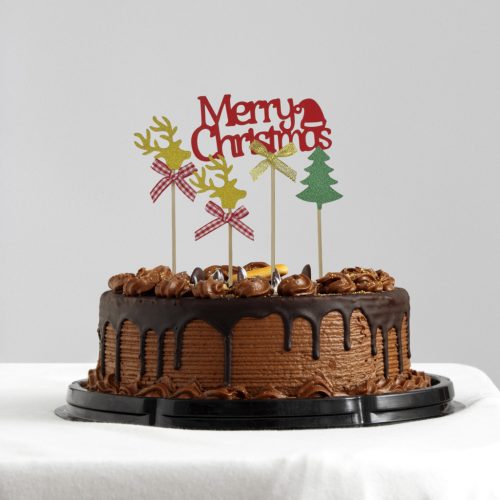 4 darabos torta dekoráció, torta beszúró – Merry Christmas felirat, szarvas és fenyőfa