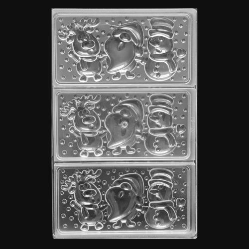 Polikarbonát táblás csokoládé forma – Karácsonyi minta – Hóember, télapó és szarvas