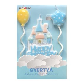   3 darabos gyertya szett – Happy Birthday kastély és lufik – Kék