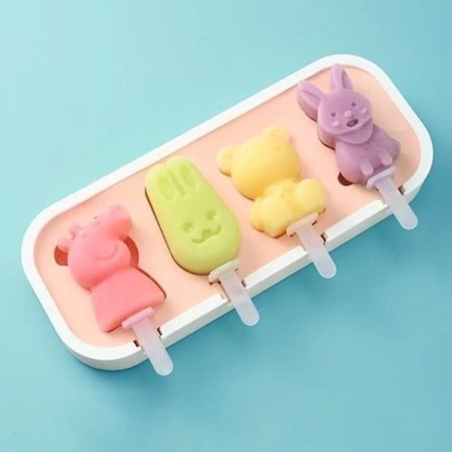 4 részes szilikon jégkrém készítő forma – Vegyes állat minta – Malac, nyuszi és maci
