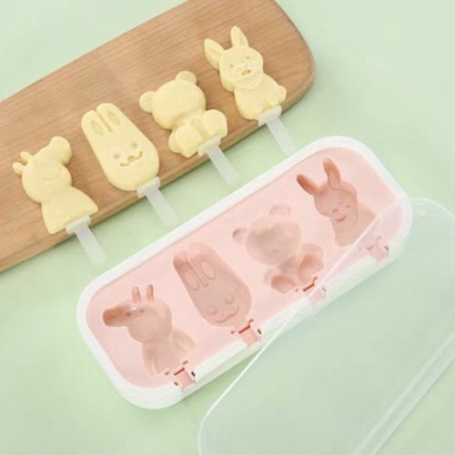 4 részes szilikon jégkrém készítő forma – Vegyes állat minta – Malac, nyuszi és maci