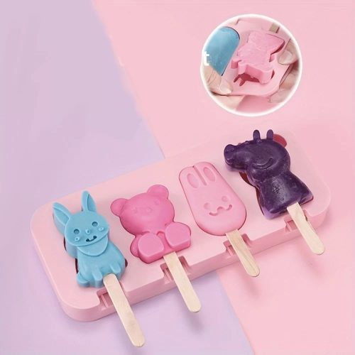 4 részes szilikon jégkrém készítő forma – Vegyes állat minta – Malac, nyuszi és maci