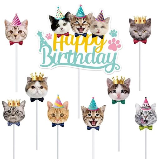 9 darabos papír sütemény- és tortadekoráció – Cicás mintával, "Happy Birthday" felirattal
