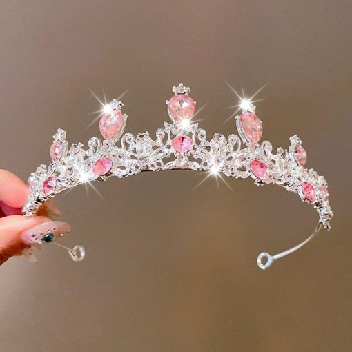 Tortadekoráció, tortadísz – Ezüst tiara, korona rózsaszín kövekkel