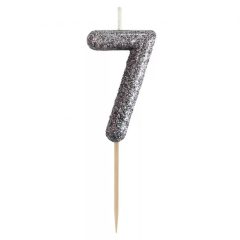Ezüst glitteres számgyertya, tortagyertya - 7