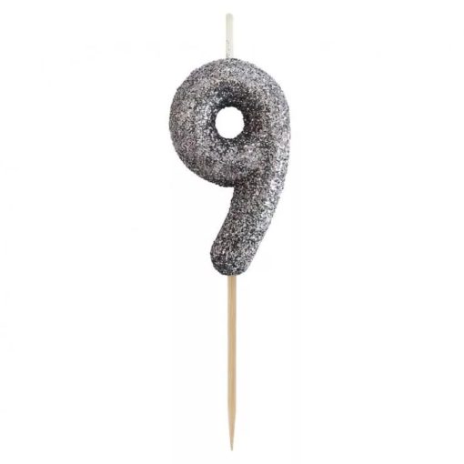 Ezüst glitteres számgyertya, tortagyertya - 9