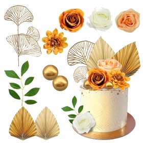   Virágos tortadekorációs szett arany levelekkel és gömbökkel