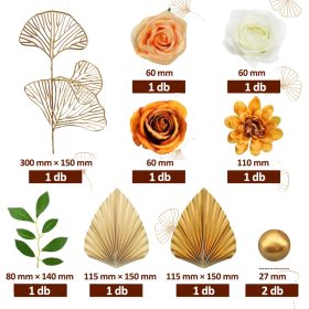   Virágos tortadekorációs szett arany levelekkel és gömbökkel