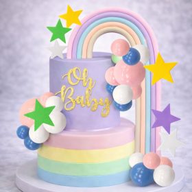   Tortadekoráció szett, torta beszúró szett – Szivárványos gömb dekoráció – Fehér, rózsaszín és kék