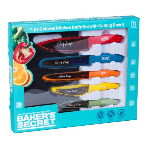 6 darabos színes konyhai kés szett vágódeszkával - Baker's Secret