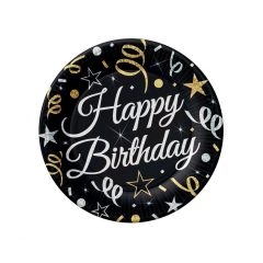 6 darabos papírtányér - Happy Birthday - Fekete - 18 cm