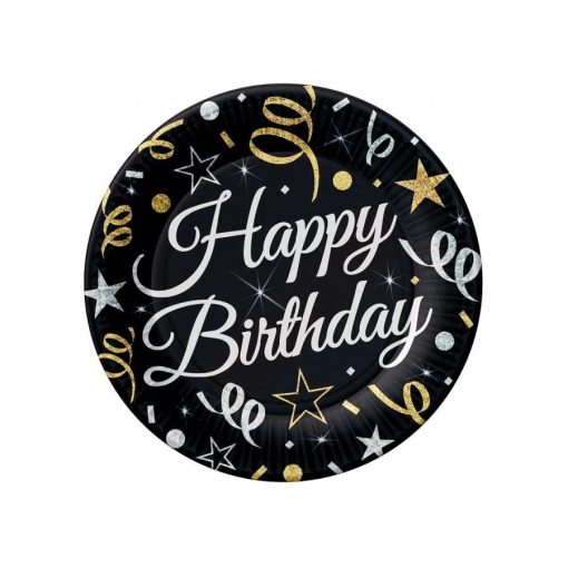 6 darabos papírtányér - Happy Birthday - Fekete - 18 cm