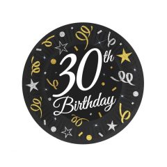   6 darabos papírtányér - Happy Birthday 30. születésnap - Fekete - 18 cm
