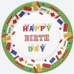   8 darabos papír tányér - Happy Birthday - Építőkocka, Lego 18 cm