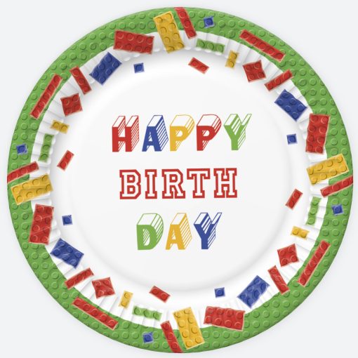 8 darabos papír tányér - Happy Birthday - Építőkocka, Lego 18 cm