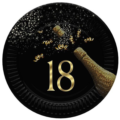8 darabos papír tányér - Happy Birthday - Fekete - 18. születésnap - 18 cm