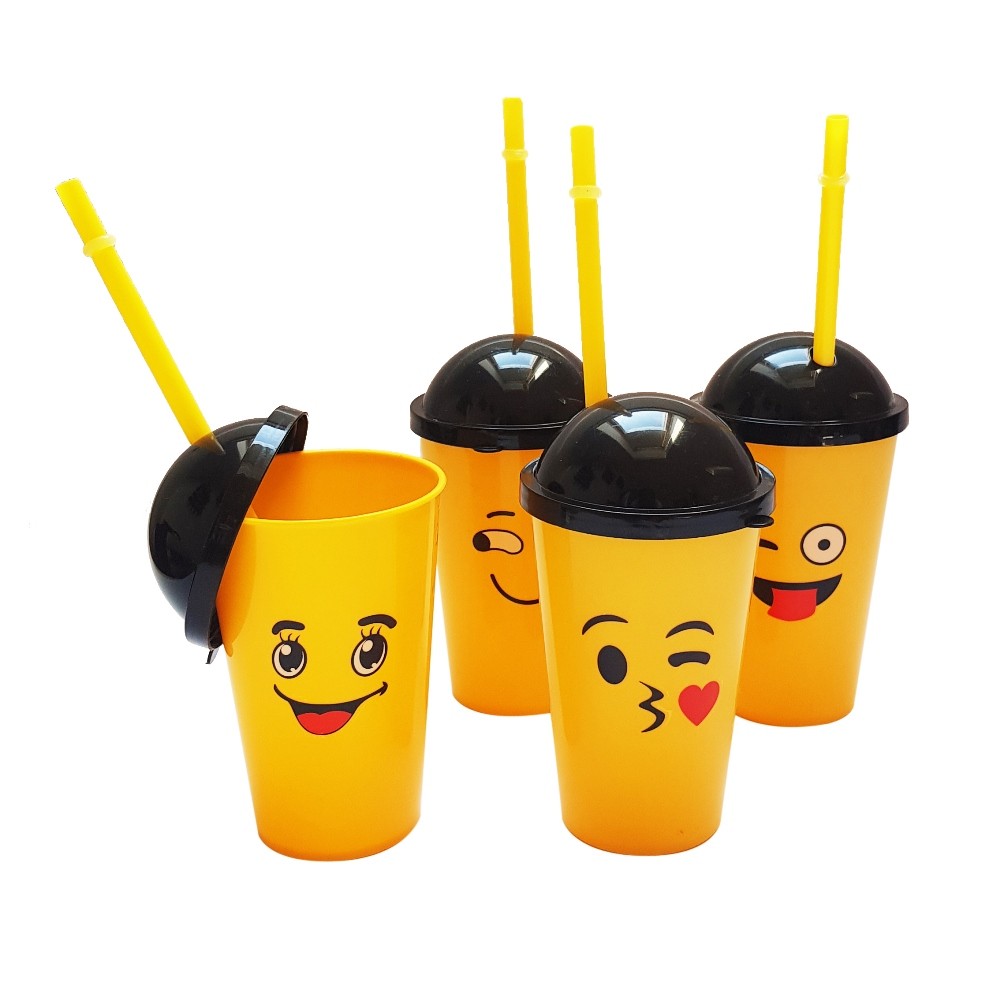 4 darabos műanyag szívószálas pohár, shake pohár - Emoji
