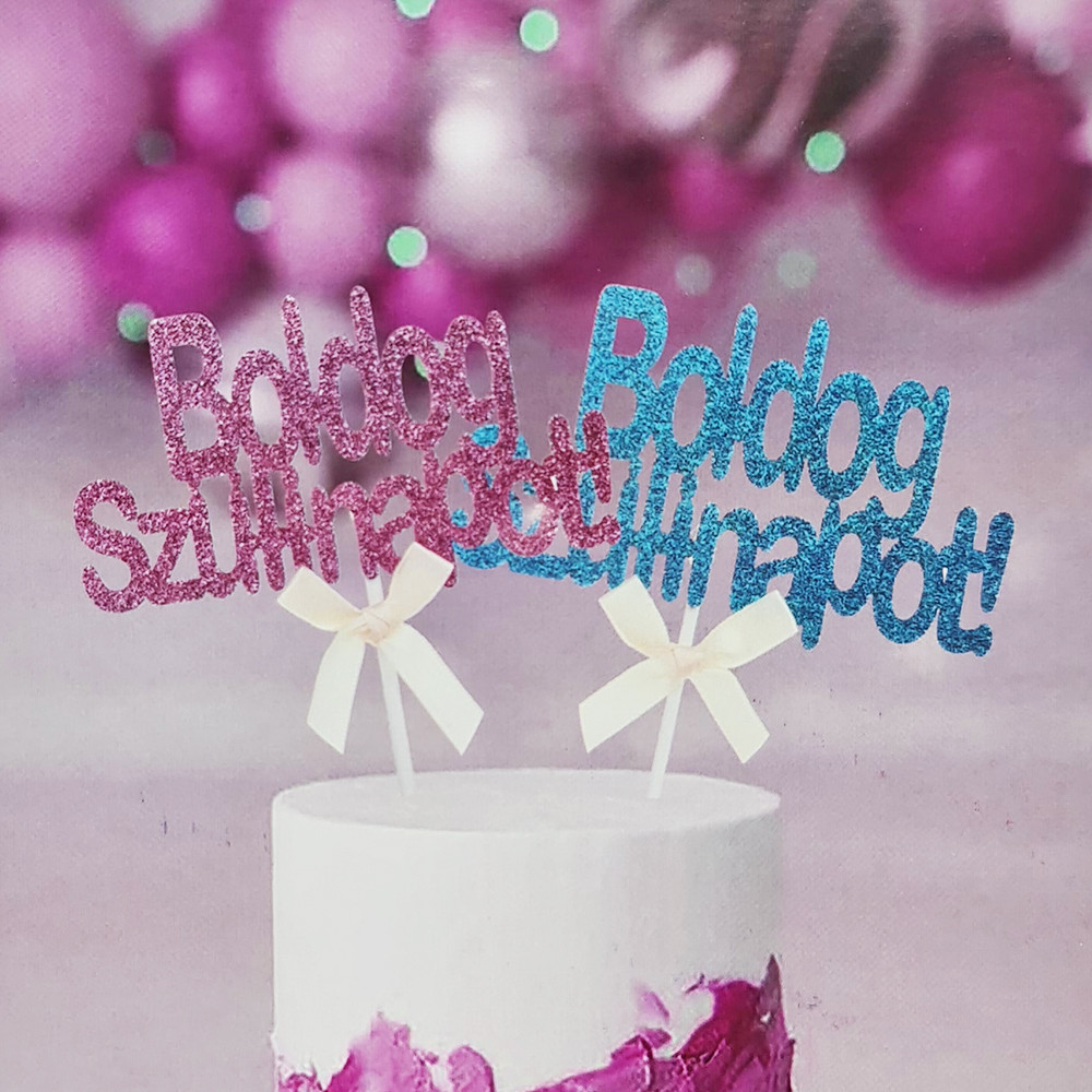 Torta dekoráció, torta beszúró – Boldog születésnapot! – Rózsaszín csillámporos